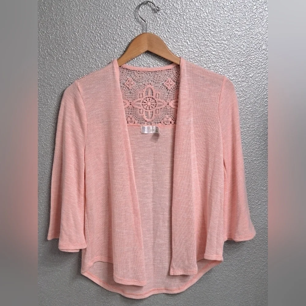 Pink Open Face Cardigan With Crocheted Shoulders